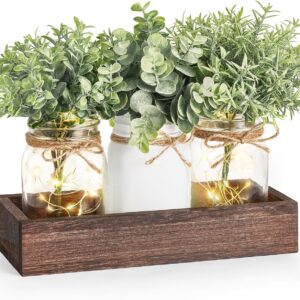 Mkono Mason Jar Table Centerpiece for Dining Room Farmhouse Lighted Dining Coffee Table Decor Wood Tray with 3 Mason Jars Table Summer Centerpiece Decor for Dining Room Bathroom Kitchen, White