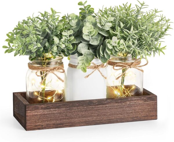 Mkono Mason Jar Table Centerpiece for Dining Room Farmhouse Lighted Dining Coffee Table Decor Wood Tray with 3 Mason Jars Table Summer Centerpiece Decor for Dining Room Bathroom Kitchen, White