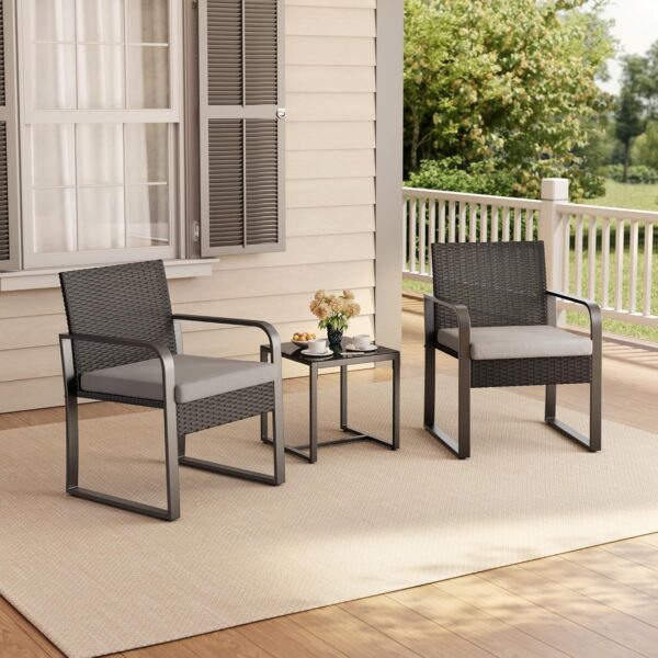 Gizoon 3 Pieces Patio Set Outdoor Wicker Furniture Sets, Modern Rattan Chair Conversation Sets with Coffee Table, for Yard, Bistro, Garden, Balcony, Poolside, Grey - Image 7