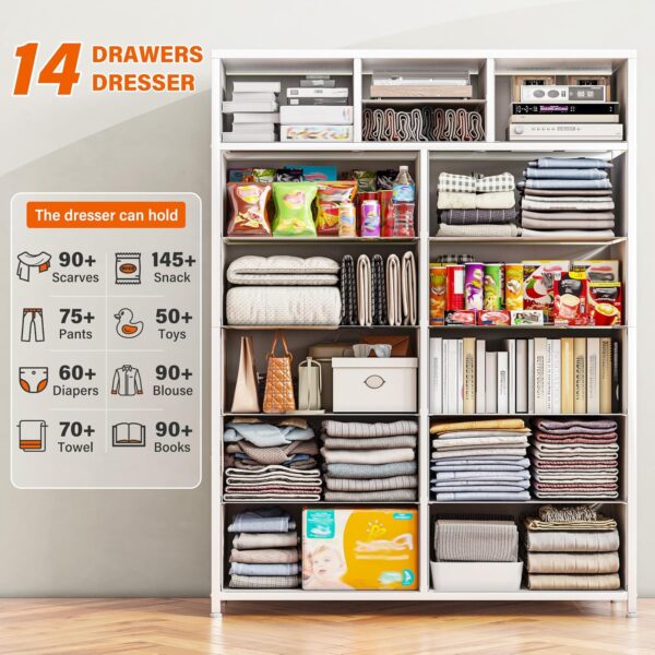 EnHomee Dresser, White Dresser for Bedroom with 14 Deep Drawers Tall Dresser for Girls Bedroom,Closet,Wooden Top,Sturdy Metal Frame, White 11.8" D x 37" W x 52" H - Image 4