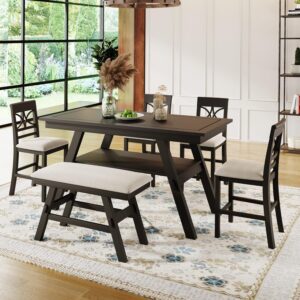 LUMISOL 6 Piece Kitchen Dining Table Set of 6 Persons Farmhouse Rustic Style, Solid Wood Dining Room Table Set with Bench and Chairs, Recantgle Table with Storage Shelf, Espresso+Beige