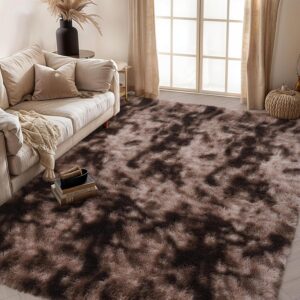 Ultra Soft Rug for Living Room, 4 X 6 Tie-Dyed Brown Plush Fuzzy Rugs Machine Washable, Fluffy Shag Area Rug Furry Rugs for Bedroom, Anti-Skid Indoor Carpet Nursery Rugs for Room Home Decor