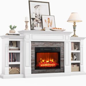 70" Electric Fireplace with Mantel, Fireplace TV Stand for TVs Up to 80 Inch, Modern Entertainment Center with Storage, Realistic Stacked Stone Surround with Remote Control for Living Room, Bedroom