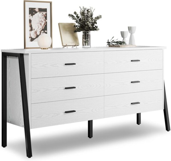 LIKIMIO 59" 6 Drawer Dresser for Bedroom, Wood Dressers & Chests of Drawers with Metal Frame, Large Storage Cabinet, Closet, Hallway, White Dresser