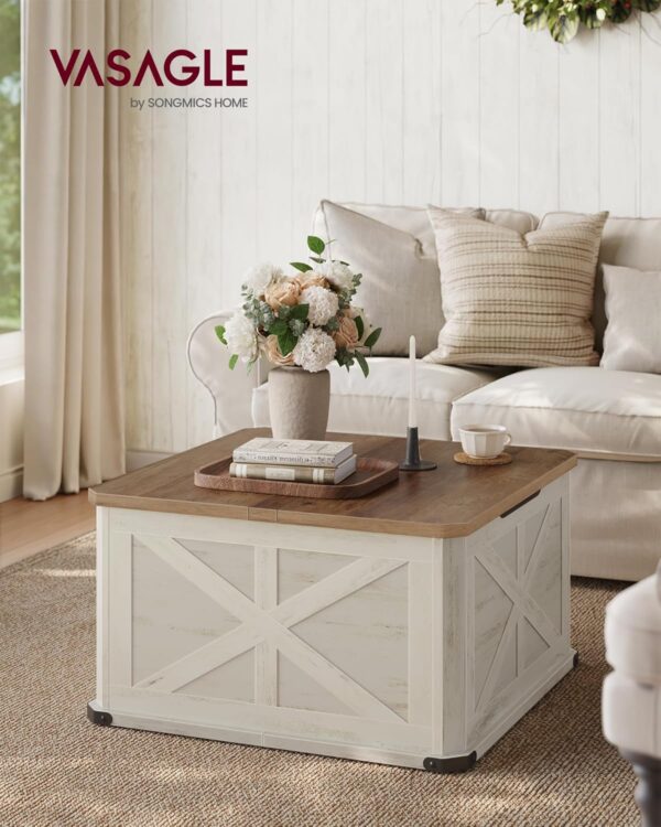 VASAGLE Farmhouse Coffee Table with Storage, Square Coffee Table for Living Room, Center Table with Flip-Top Lids, Honey Brown and Rustic White ULCT232W73 - Image 2