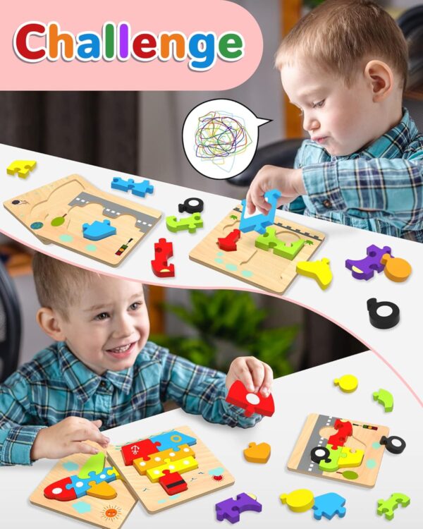 Yetonamr Wooden Toddler Puzzles Gifts Toys for 1 2 3 Years Old Boys Girls, 6 Vehicle Shape Montessori Toys Educational Blocks Kids Toys Gift Baby Learning Toy Age 1-3, 2-4 - Image 2
