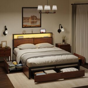 Queen Bed Frame with Storage Headboard and 4 Drawers LED Lights Metal Platform Non-Slip Without Noise Mattress Foundation Strong Metal Slats Support No Box Spring Needed