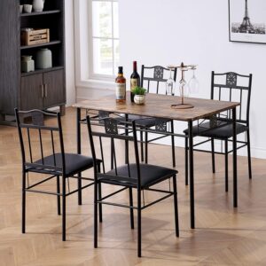 VECELO Kitchen Dining Room Table Sets for 4, 5 Piece Metal and Wood Rectangular Breakfast Nook, Dinette with Chairs, Retro-Brown, 42.1"