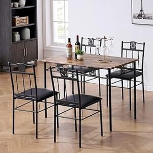 VECELO Kitchen Dining Room Table Sets for 4, 5 Piece Metal and Wood Rectangular Breakfast Nook, Dinette with Chairs, Retro-Brown, 42.1"
