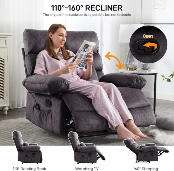 Oversized Recliner Chair, Plus Size 28 inch Large Wide Seat Manual Flannel Recliner with Pockets, Massage Heated Pillow 350 lb Capacity for Living Room Adults Dark Grey - Image 3