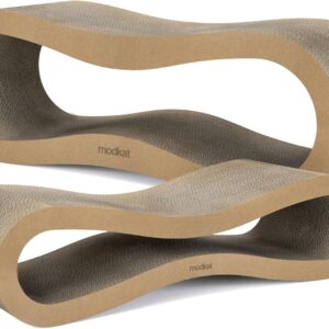 Modkat® 2 Cat Scratcher Set. Large (30L X 10.6H in.) and Small (26.6L X 7H in.) Sizes. Scratch, Play Lounge. High-Grade Cardboard, 100% Recyclable, Reversible.