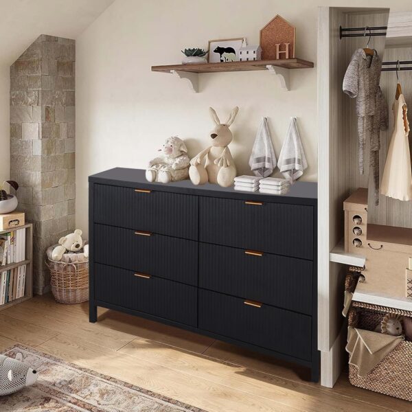Fluted 6 Drawer Double Dresser for Bedroom, 47" Wide Modern Closet Dressers Chest of Drawers, Wood Storage Dresser Organizer for Nursery Bedroom Living Room Hallway Closet, Black - Image 5