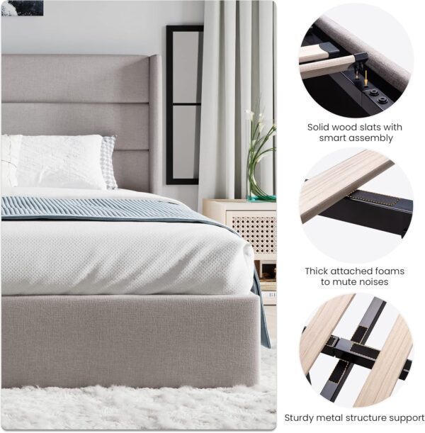 SHA CERLIN King Size Lift Up Storage Bed/Modern Wingback Headboard/Upholstered Platform Bed Frame/Hydraulic Storage/No Box Spring Needed/Wood Slats Support/Light Beige - Image 3