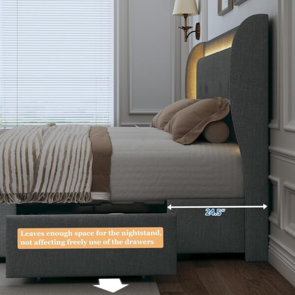 Queen Bed Frame with Storage Drawers, Upholstered LED Bed Frame Queen Size with Wingback Headboard, Platform Bed Frame with Storage, No Box Spring Needed, No-Noise, Easy Assembly - Image 4
