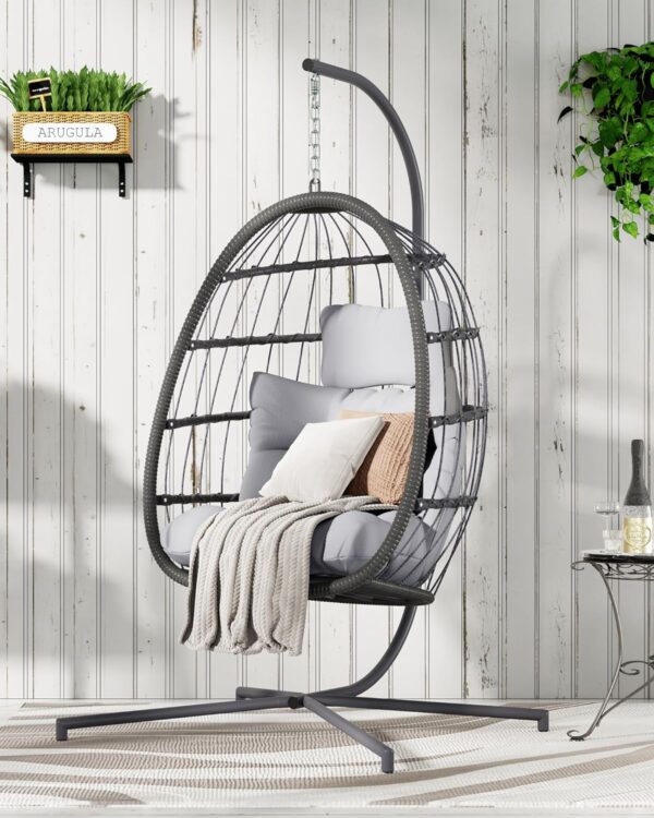 HWB Hanging Egg Chair with Stand, Patio Wicker Egg Swing Chair with Cushion for Bedroom Garden Indoor Outdoor (Grey) - Image 2