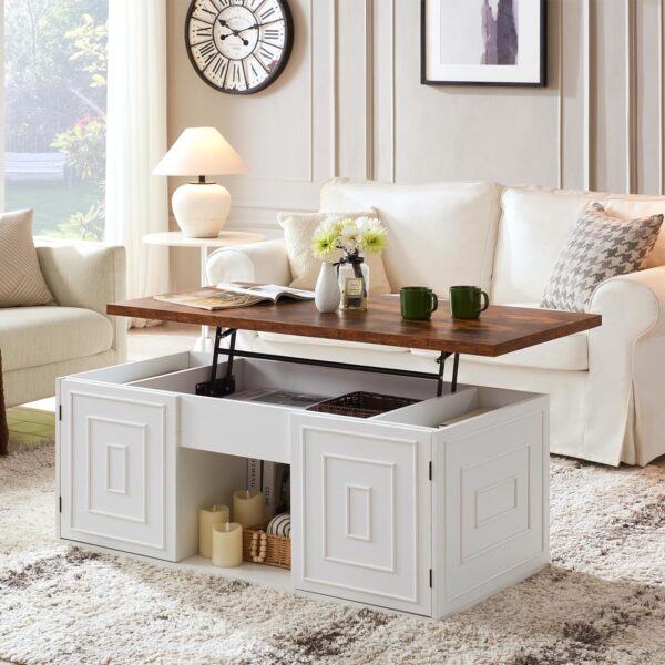 Lift Top Coffee Table with Storage, 48" Rustic Center Table with Hidden Storage Compartment and 2 Cabinet, White Coffee Table Converts to Dining Table for Living Room, Office
