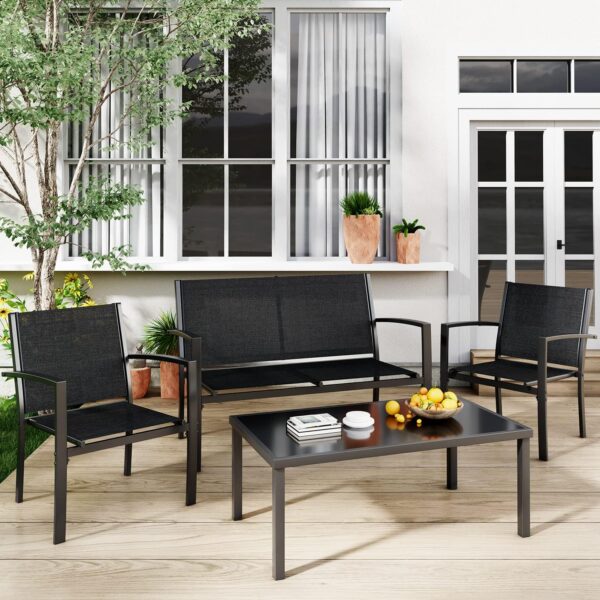 Greesum 4 Pieces Patio Furniture Set, Outdoor Conversation Sets for Patio, Lawn, Garden, Poolside with A Glass Coffee Table, Black - Image 3