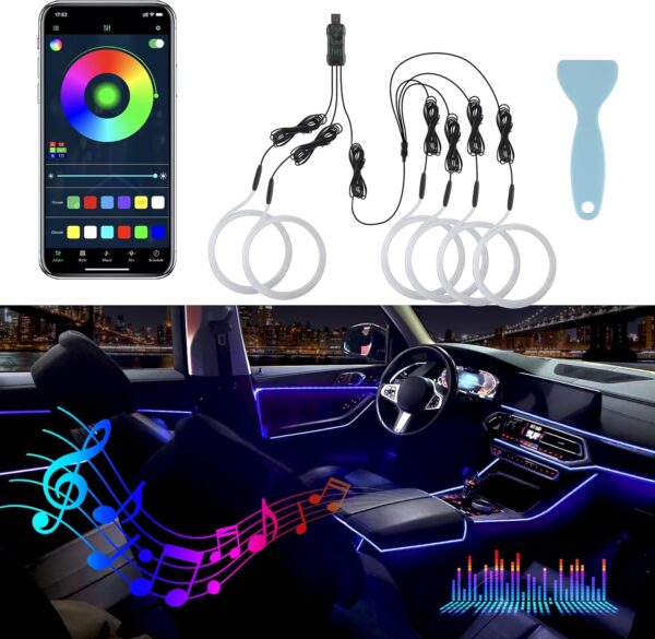 LivTee Smart Car LED Interior Lights with USB Port, LED Strip Fiber Optic Lights, Wireless App Control, Sync to Music, Car Accessories Gifts for Women Men, 6 in 1