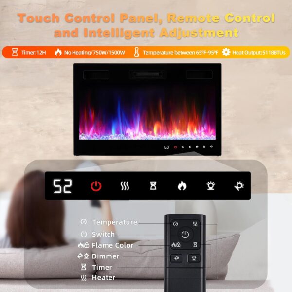 Electric Fireplace Insert 36" Realsmart 1500W Wall Mounted Electric Fireplaces with Recessed Heaters, Remote Control, Slim Black Fireplace Screen, Timer, 12 Flame Colors LED Decor, Low Noise - Image 6