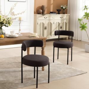 Boucle Dining Chairs Set of 6, Upholstered Dining Chair with Curved Backrest, Round Thicken Dining Chairs for Kitchen & Dining Room, Mid Century Modern Dining Chairs Sturdy and Comfy, Black