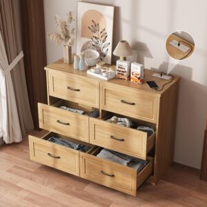 Fameill Dresser for Bedroom, 6 Drawer Wide Dresser Organizer with Charging Station, Tall Dresser for Hallway, Wood Dresser with Metal Handles, Oak