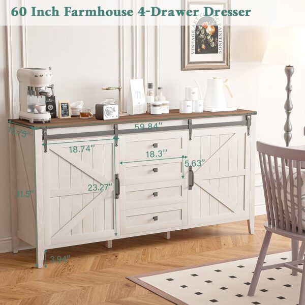 Farmhouse 4 Drawers Dresser for Bedroom with Sliding Barn Doors, 60 Inch Wide Natural Texture Wood Rustic Chest of Drawers for Living Room Bedroom Hallway Neoclassical White - Image 4