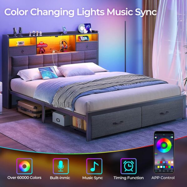 Rolanstar Bed Frame Full Size with Drawers and Charging Station, Upholstered Platform Bed with Storage Headboard and LED Light, Heavy Duty Metal Frame Support, No Box Spring Needed, Noise Free, Grey - Image 4