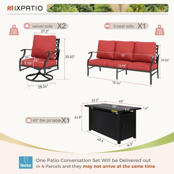 Patio Furniture Set, 4 Pcs Metal Outdoor Conversation Set, 2 Swivel Chairs and 3 Seater Sofa with 5.75" Extra Thick Cushion and Gas Fire Pit Table for Backyard Deck, Red - Image 6