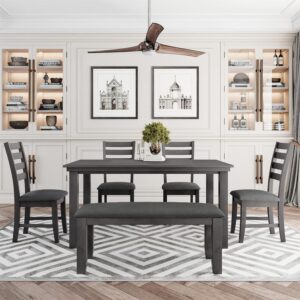 Merax 6 Piece Room Chairs with Bench, Rustic Wood Dining Set Table, Gray