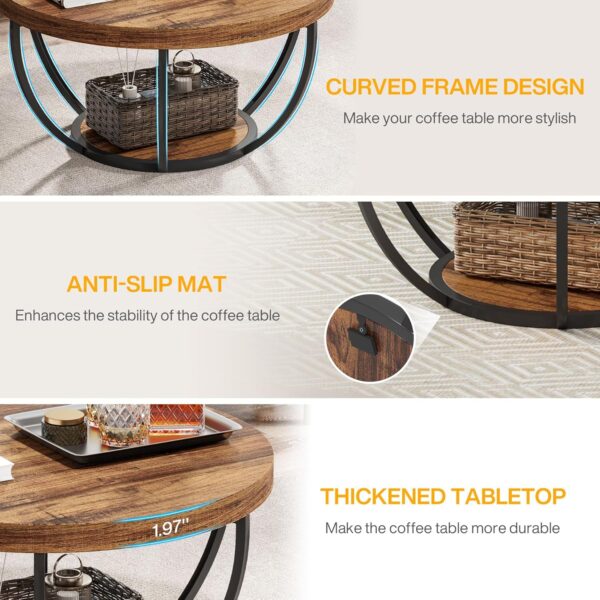 Tribesigns Round Coffee Table, Industrial 2-Tier Circle Coffee Table with Storage Shelves, Modern 31.7" Wooden Accent Center Table for Living Room, Home Office, Rustic Brown - Image 7