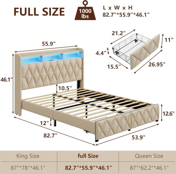 Full Size Bed Frame with 2 Storage Drawers, Upholstered Full Bed Frame with LED Lights Headboard and Charging Station, No Box Spring Needed, Easy Assembly- Beige - Image 2