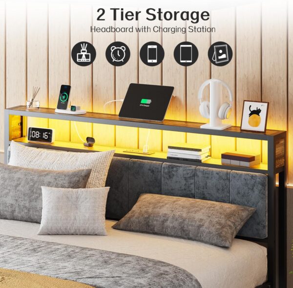OLEVS Queen Bed Frame with Headboard, Metal Platform Bed Queen Size with 2-Tier Storage, LED Light & Charging Station Type C, No Box Spring Needed - Image 3