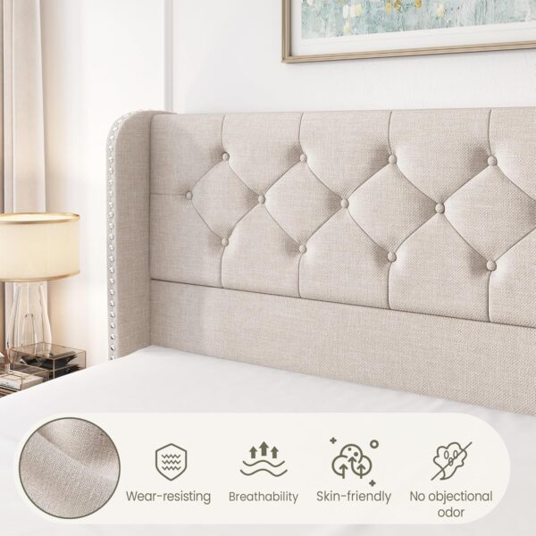 Queen Size Bed Frame with 4 Storage Drawers and Tufted Headboard Linen Upholstered Platform Bed Frame Wingback Beds with Wooden Slats Support, Easy Assembly, Beige - Image 4