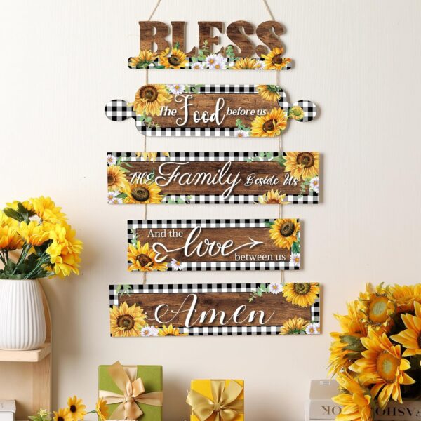 Sintuff Sunflower Kitchen Wall Decor Bless The Food Before Us Sign Farmhouse Kitchen Wooden Wall Signs Rustic Dining Room Wall Art Country Vintage Hanging Decoration for Home Room (Plaid Style) - Image 7