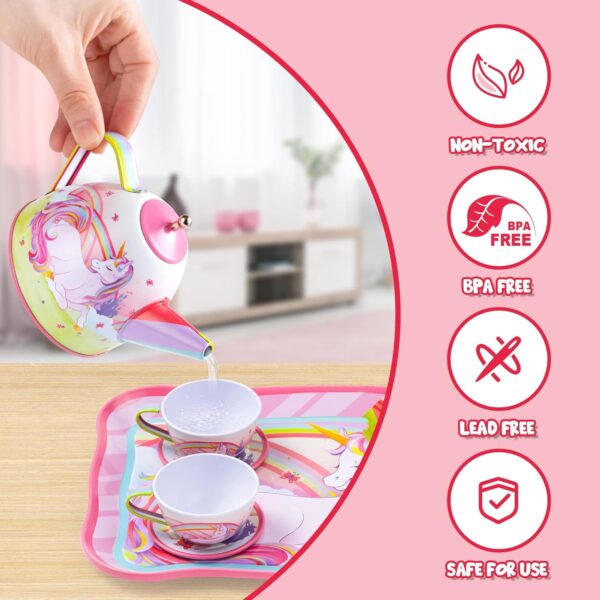 JOYIN Unicorn Tea Set for Toddlers Tea Party Set for Children Kids Pretend Role Play Tin Teapot Set with Cups, Plates and Carrying Case Kitchen Toy for Little Girls Birthday Gifts Age 3 4 5 6 - Image 3