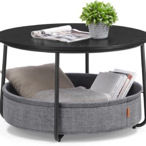VASAGLE Coffee Table with Storage, Round Center Table for Living Room with Fabric Basket, Modern Style, Metal Frame, Ink Black and Slate Gray ULCT244B56