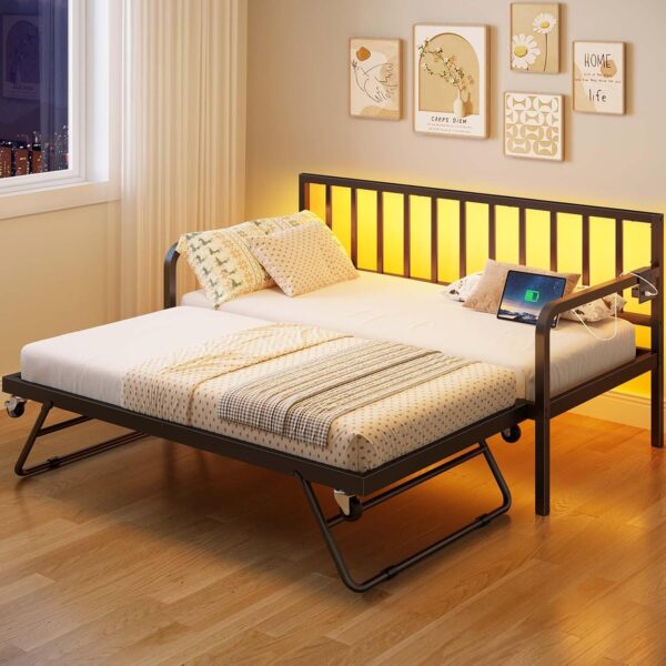 Rolanstar Daybed with Charging Station and LED Lights, Height Adjustable Twin Daybed with Trundle, Metal Sofa Bed Frame with Steel Slat Support for Living Room, Bedroom and Guest Room, Black - Image 7