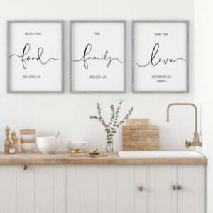 Heiple Set of 3 Framed Farmhouse Bless The Food Before Us Sign Kitchen Wall Decor for Dining Room Decor Wall Art Wood Signs (Gray,11"x14")