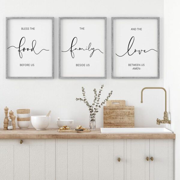 Heiple Set of 3 Framed Farmhouse Bless The Food Before Us Sign Kitchen Wall Decor for Dining Room Decor Wall Art Wood Signs (Gray,11"x14")