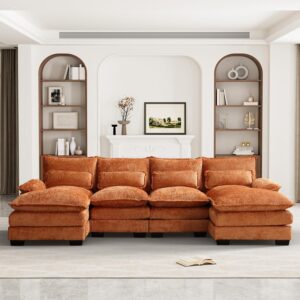 U Shape Sectional Sofa Cloud Couch for Living Room, 110" Modern Chenille Comfy Modular Sofa, 4 Seat Upholstery Sofa Sleeper with Double Chaise & Memory Foam, Orange