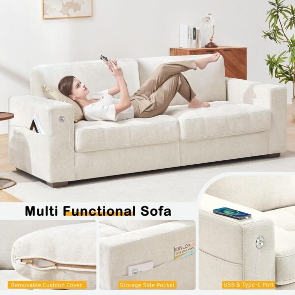 Hanherry Sofa for Living Room, Modern Comfy Sofa with Medium Firm Seat Cushion, Removable Cover,Wide Armrest,USB/Type-C Port,Chenille Fabric Couches for Small Space,Apartment (Beige, 89 inch) - Image 5