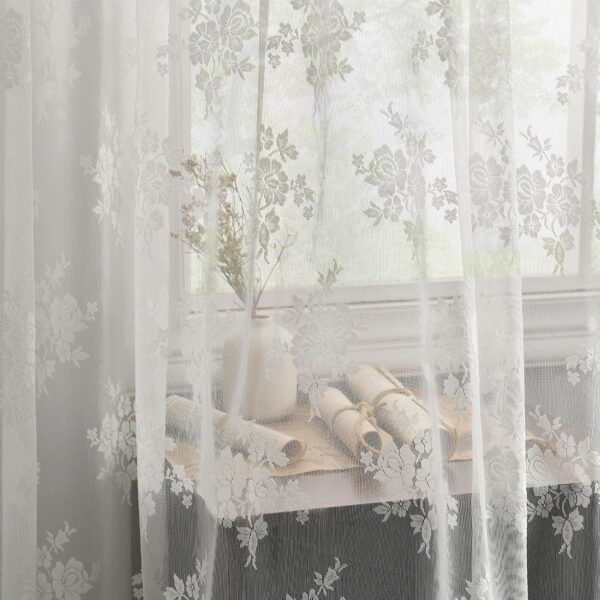 Kotile Short Lace Curtains 36 Inch Length 2 Panels Set, Country Rustic Floral Lace Kitchen Window Curtains Over Blinds, Rod Pocket Privacy Vintage Sheer Lace Café Curtains, Each 52 x 36 Inch, Ivory - Image 4