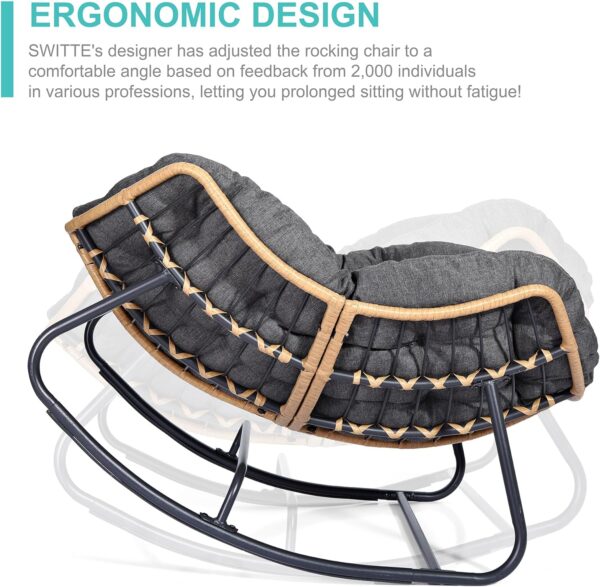 SWITTE Outdoor Rocking Chair, Patio Egg Rocking Chair, Indoor Papasan Chair, Rattan Wicker Lounge Chair, Modern Royal Chair for Bedroom, Living Room, Porch, Garden, Lawn-Dark Grey - Image 6