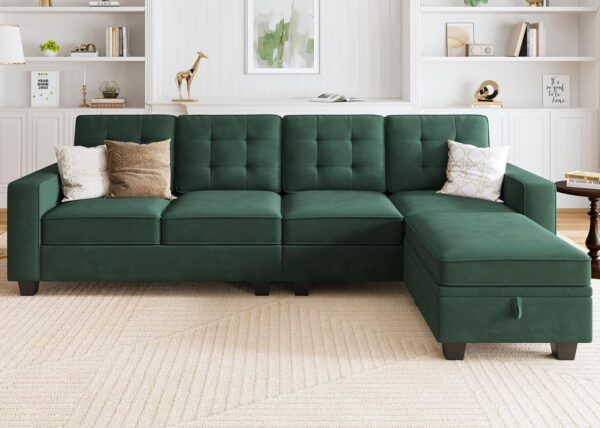HONBAY L Shaped Sectional Couch Velvet 4-Seater Sectional Sofa with Reversible Chaise for Living Room, Dark Blue