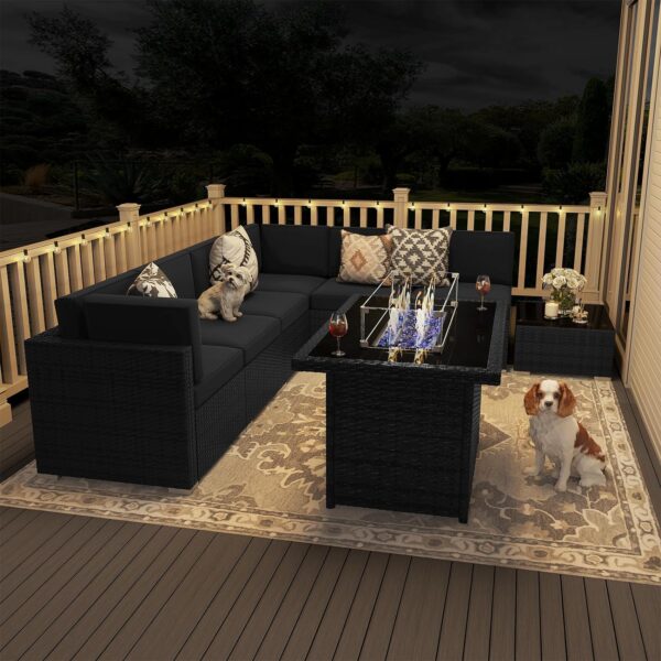 8 Pieces Patio Furniture Set with 44" Propane Gas Fire Pit Table, Outdoor Sectional Wicker Conversation Sofa Sets with Coffee Table - Image 3