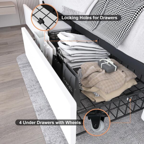 Queen Size Bed Frame with 4 Drawers and Adjustable LED Headboard, PU Leather Upholstered Platform Storage Bed with Charging Station, Wooden Slats Support, No Box Spring Needed, White - Image 6