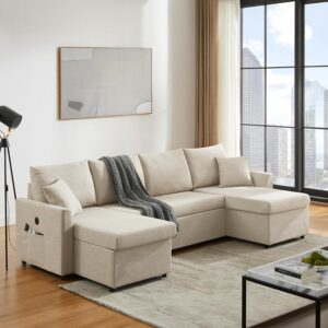 U Shaped Convertible Sleeper Sofa Bed, Sectional Couch for Living Room - Dual USB-C Charging, Pull Out Bed, Reversible Chaise with Storage & Pockets, Removable & Washable Beige Linen Covers