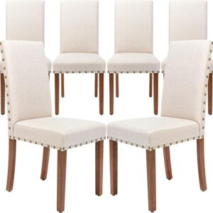 Upholstered Parsons Dining Chair with Nailhead Trim and Sturdy Solid Wood Legs, Set of 6, Cream