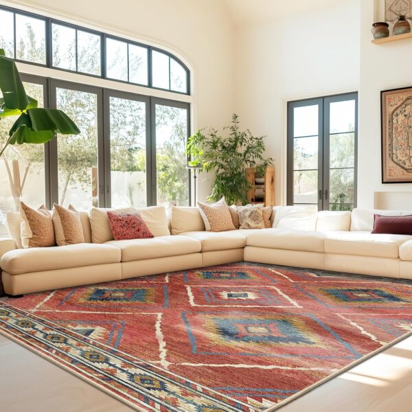 BESTSWEETIE 5x7 Area Rugs, Washable 5x7 Rugs, Non Slip Floor Carpet, Low Pile Water Repellent,Ultra Soft Moroccan Rugs for Living Room Indoor-Red/Orange - Image 2