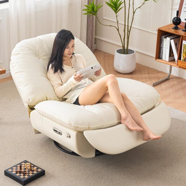 Oversized Electric Recliner Chair, 360 Swivel Rocking Glider Rocker for Adults Modern Ergonomic Lounge for Living Room Phone Stand& Smart Theater Seating (Beige, Silicone Leather)